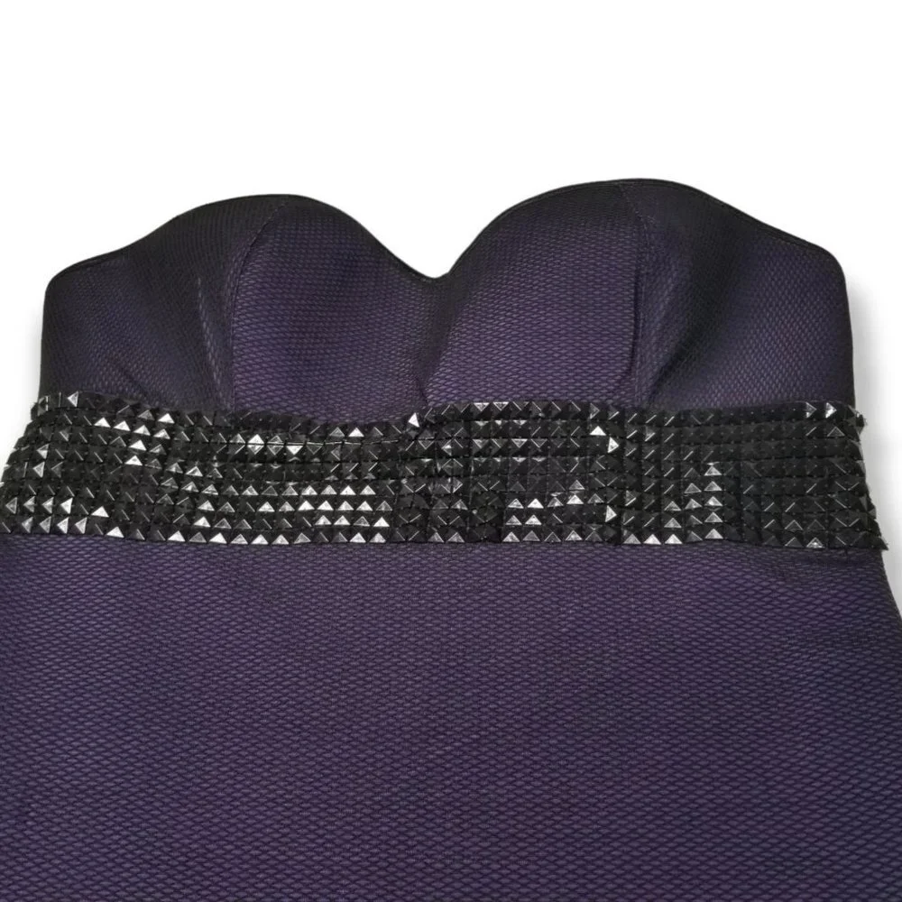 ⚡️Coquette Purple Body Con Fitted Mini Dress Fishnet Overlay Pyramid Stud Punk - Picture 3 of 8